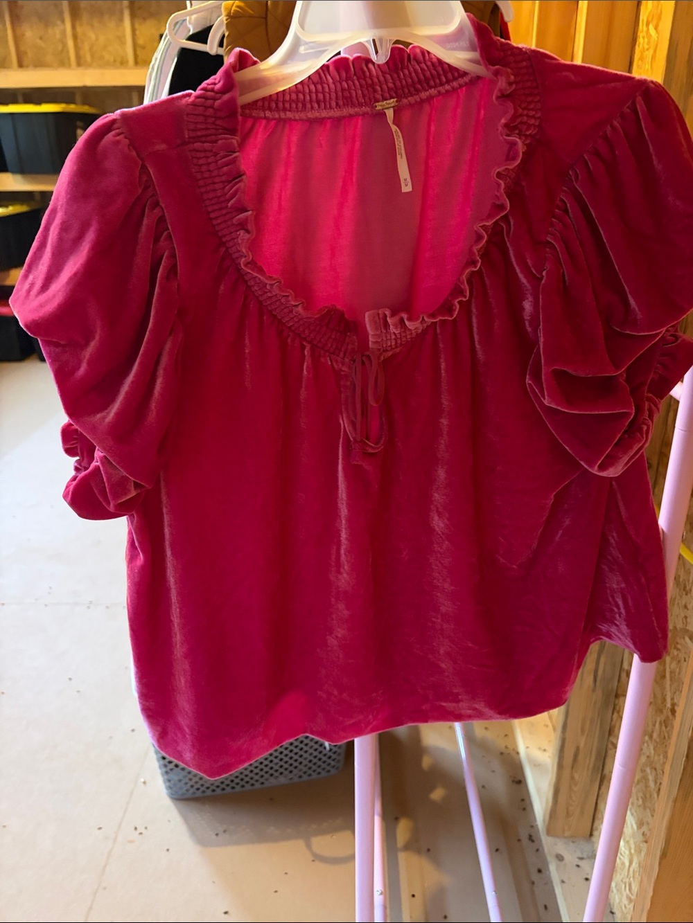 Free People Fuchsia Velvet Ruffle Sleeve Blouse medium
